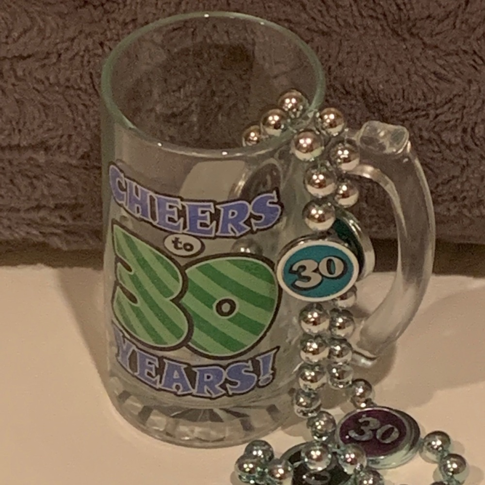 Party City glass mug and necklace